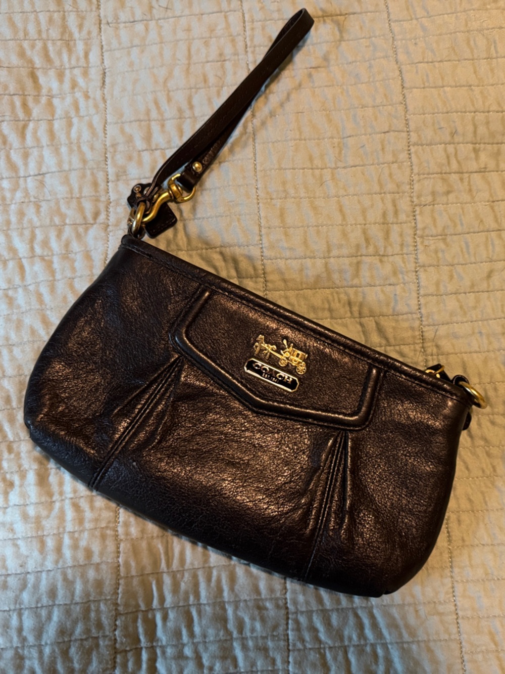 Coach Black Leather Wristlet with Gold Accents